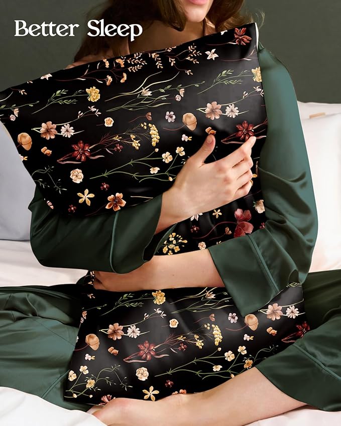2 Pack Mulberry Silk Pillowcase for Hair and Skin - King Size 20 x 36 Inches with Hidden Zipper BK Grow Flower 19 Momme Soft Sleeping Silk Pillow Case for Women, Moms