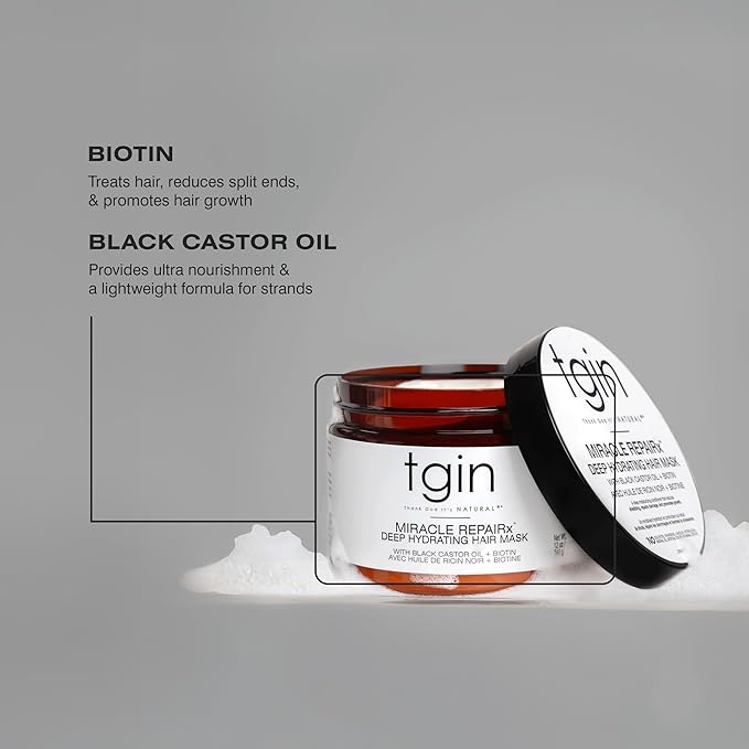 tgin Miracle RepaiRx Deep Hydrating Hair Mask for Curly, Coily and Wavy Hair, with Biotin and Black Castor Oil, Deep Moisture and Repair for Damaged, Color-Treated Hair, 12 oz