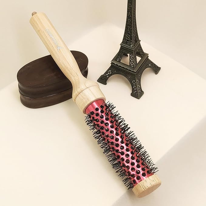 SUNBIRD Small Round Brush for Blow Drying - Wood Handle Professional Blowout Brush with Aluminium Ceramic Ionic Thermal Barrel for Smooth Hair, Volume & Heat Curly Styling (Outer Diameter1.5Inch)