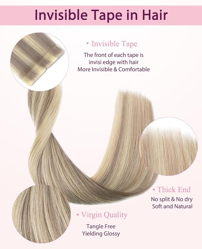 Pinkpearl Invisible Tape in Hair Extensions Human Hair, 20pcs 16inch 45g #18P60 Ash Blonde Highlighted Platinum Blonde Injection Tape in Extensions Real Remy Seamless Human Hair Injected