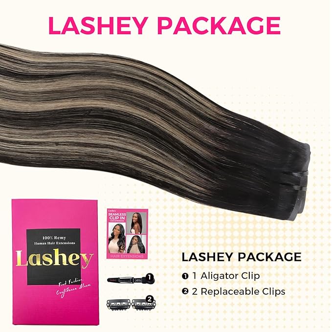 Lashey Seamless Clip in Hair Extensions Human Hair, 110g 7pcs Straight Balayage Natural Black to Light Blonde Highlighted Clip in Hair Extensions for Black Women 14 Inch