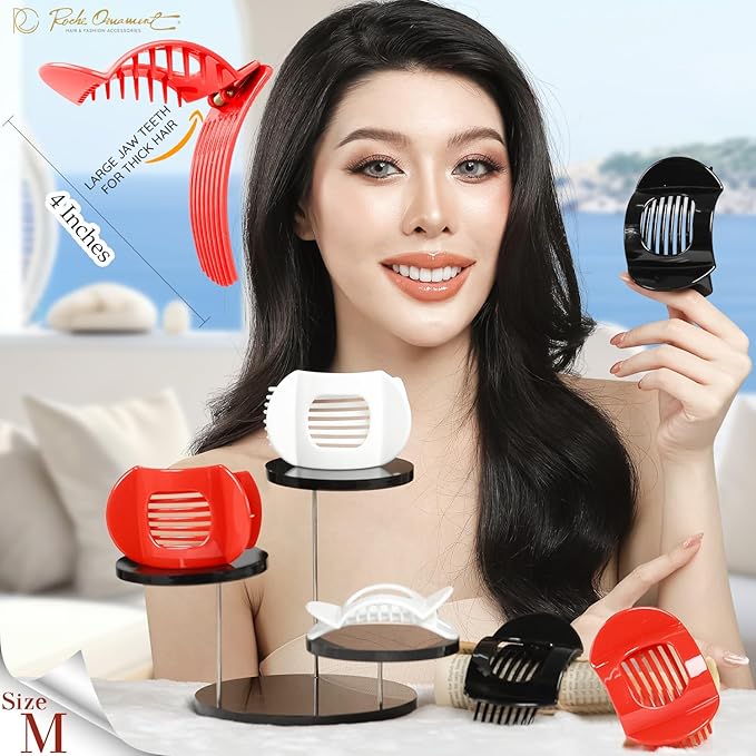 RC ROCHE 6 Pcs Flat Claw Hair Clips for Women Thick Hair French Round Duckbill Square Secure Strong Hold Grip Clamps Barrettes Curved No Slip No Crease Plastic Styling Cute, Medium Holiday Special