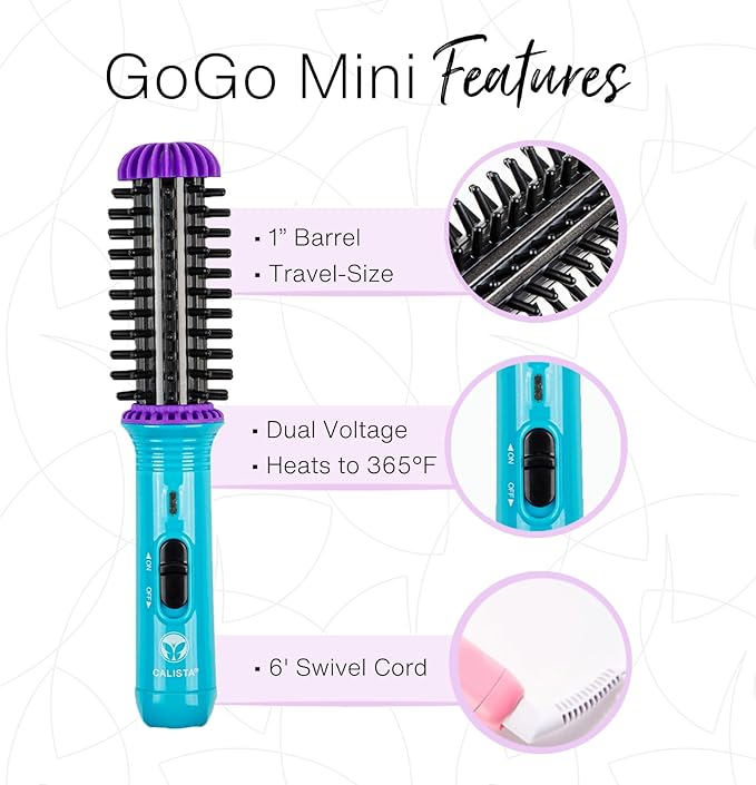 CALISTA GoGo Mini Heated Round Brush | Curl, De-Frizz, and Style Hair with the Mini 7” Styling Tool | Heats to 365°F | Perfect for Travel | Dual Voltage | Compatible for Most Hair Types (Pink Petals)