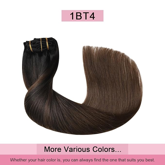Pro2.0 Clip in Hair Extensions Real Human Hair 22inch 7pcs #1BT4 Natural Black Fading to Middle Brown Remy Real Hair Extensions Clip in Human Hair 120g（#1BT4-22inch）