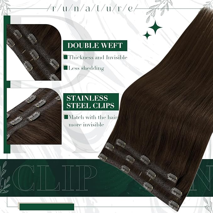 RUNATURE Clip in Hair Extensions Real Human Hair, Brown Hair Extensions Clip Ins, Double Weft Human Hair Clip in Extensions, Remy Natural Hair, Add Hair Length, 18 Inch 50g 3pcs #2 Dark Brown