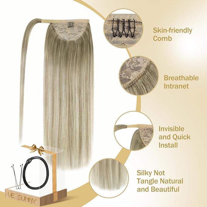 Ve Sunny Hair Extensions Ponytail Real Human Hair Wrap Around Clip in Ponytail Hair Extensions Straight Extensions Human Hair for Women Ash Grey Balayage Platinum Blonde 22inch 80G