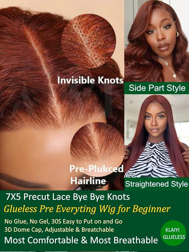 KLAIYI Bye Bye Knots Glueless Wig Reddish Brown Body Wave 7x5 Pre Cut HD Lace Front Wigs Human Hair Put On And Go Wig Pre Bleached Pre Plucked with Baby Hair 30S Ready To Wear 150% Density Full 22Inch