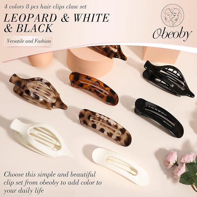 Obeoby 8 PCS Flat Hair Clips, Tortoiseshell Flat Claw Clips 2 Styles Hair Claws for Women Girls Medium Hair Volume