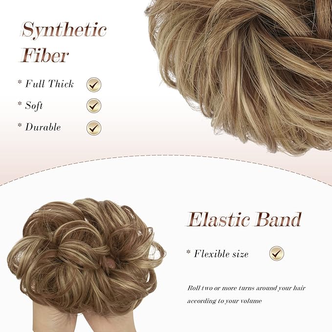 FESHFEN Messy Bun Hair Piece - Elastic Wavy Curly Hair Bun Scrunchies Extensions Synthetic Chignon Hairpieces for Women Girls, Brown & Blonde 1.5 oz