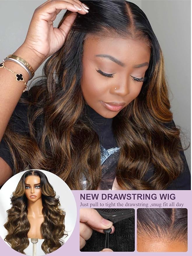 YIROO Bye Bye Knots 7x5 HD Lace Glueless Wig Human Hair Highlight Ombre Brown Body Wave Wig with Elastic Drawstring, Pre Cut Pre Plucked Pre Bleached Invisible Knots Put On and Go 150% Density 18Inch