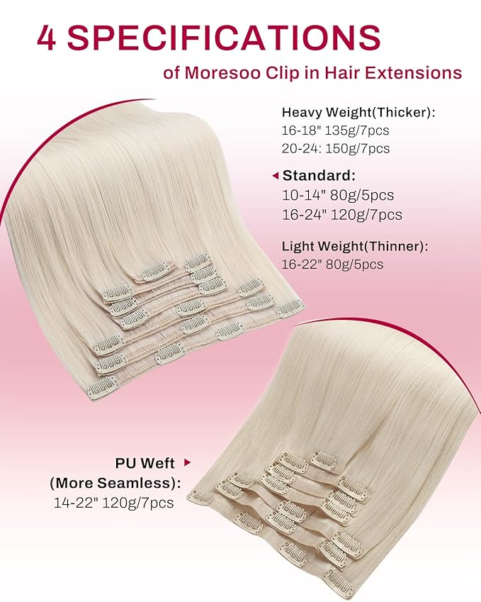 Moresoo Clip in Hair Extensions Remy Double Weft Human Hair Clip in Extensions Straight Hair Extensions for Women White Blonde #60A 5pcs 80g 10inch