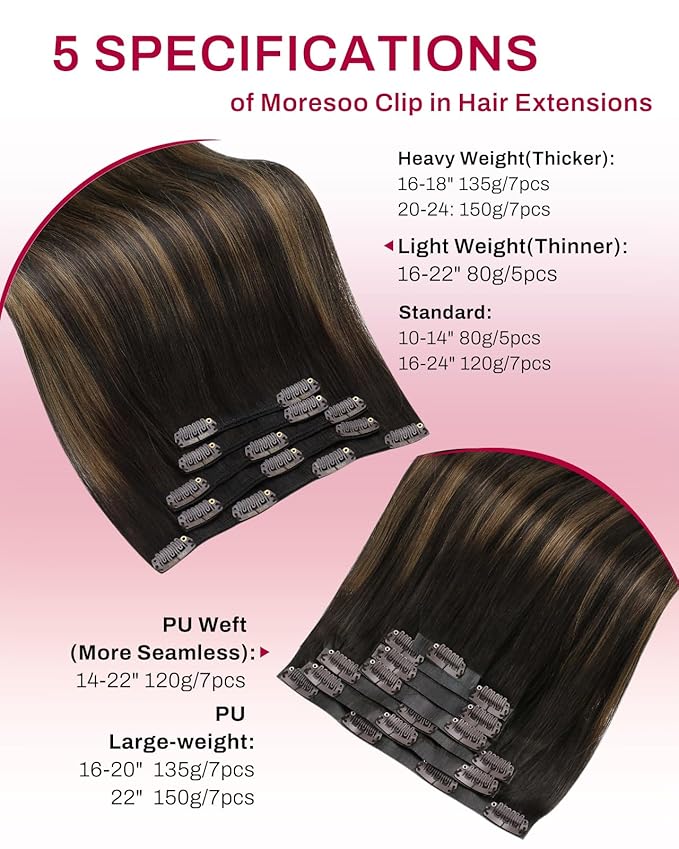 Moresoo Clip in Hair Extensions Real Human Hair Double Weft Human Hair Clip in Extensions Straight Ombre Balayage Dark Brown with Chestnut Brown 5pcs 80g 22inch