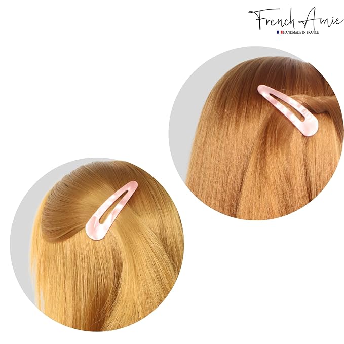 French Amie Clic Clac Large Handmade Celluloid Acetate Set of 2 Snap Hair Clips No Slip Side Slide-in Barrette for Women and Girls (Blush Pink)