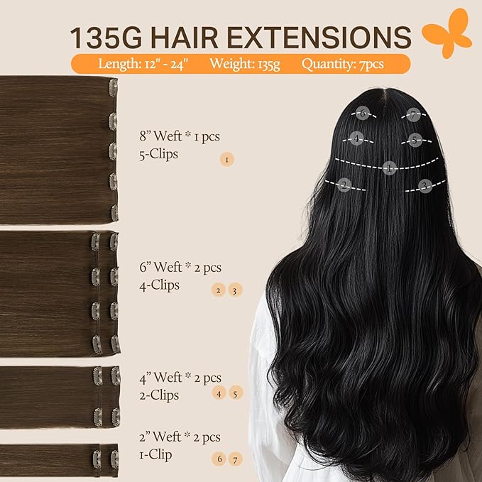 DOORES Clip in Hair Extensions Real Human Hair, Chocolate Brown 18 Inch 135g 7pcs, Thick Remy Clip in Extensions for Women Natural Straight Gift
