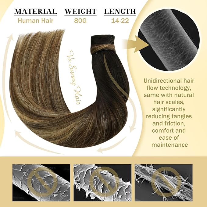 Ve Sunny Hair Extensions Ponytail Real Human Hair 80G Wrap Around Clip in Ponytail Hair Extensions Straight Extensions Human Hair for Women Black Ombre Dark Brown Balayage Caramel Blonde 14inch