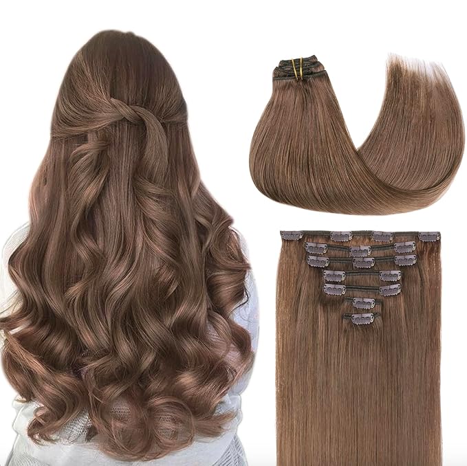GOO GOO Clip in Hair Extensions Real Human Hair, Remy Human Hair Extensions Clip ins for Women, Natural Human Hair, 12inch 85g 7Pcs, #5 Light Ash Brown