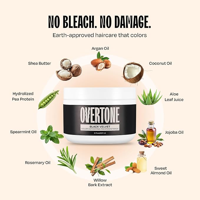 Overtone Semi Permanent Hair Color Conditioner, Black Velvet, 8 oz, Nourishing, Damage-Free, Color Depositing Mask for All Hair Types with Shea Butter & Coconut Oil, Vegan & Cruelty-Free