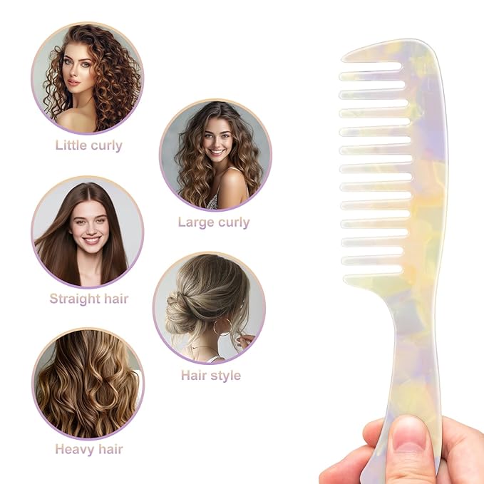 Large Wide Tooth Hair Comb 7.3 in, LADYAMZ [Tortoise Shell] Cellulose Acetate Round Tooth Comb for Straight/Curly Hair,Short/Long Hair Women Men or Kids, Easy Detangling Wet or Dry, Anti-static