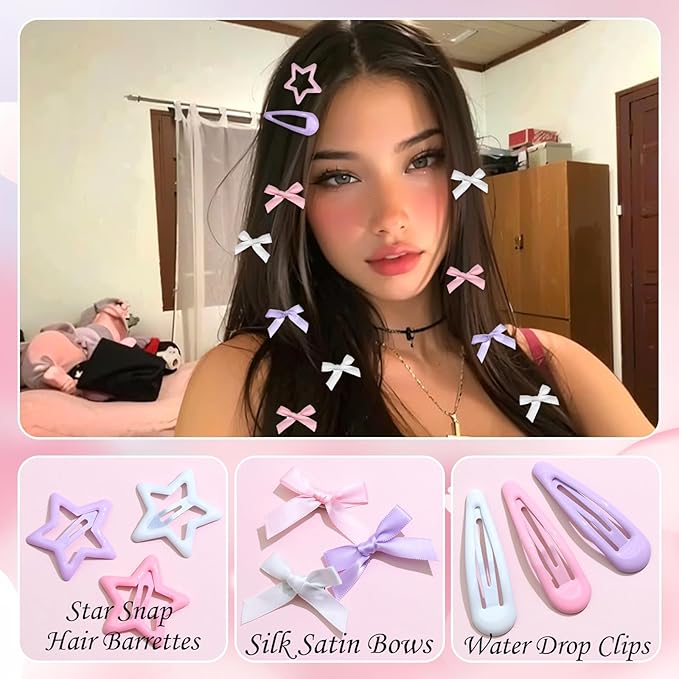 36Pcs Y2k Pink Bow Hair Clips Water Drop Snap Hair Barrettes Metal No Slip Star Hair Clips White Mini Hair Bows Bowknot Star Hair Accessories for Women Girls