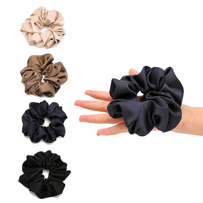 4PCS Large Satin Silk Scrunchies for Women - Big Glossy Scrunchie for Thick Hair Girl Hair Ties Ponytail Holders Jumbo Scrunchies (Black Navy-Blue Brown Champagne)