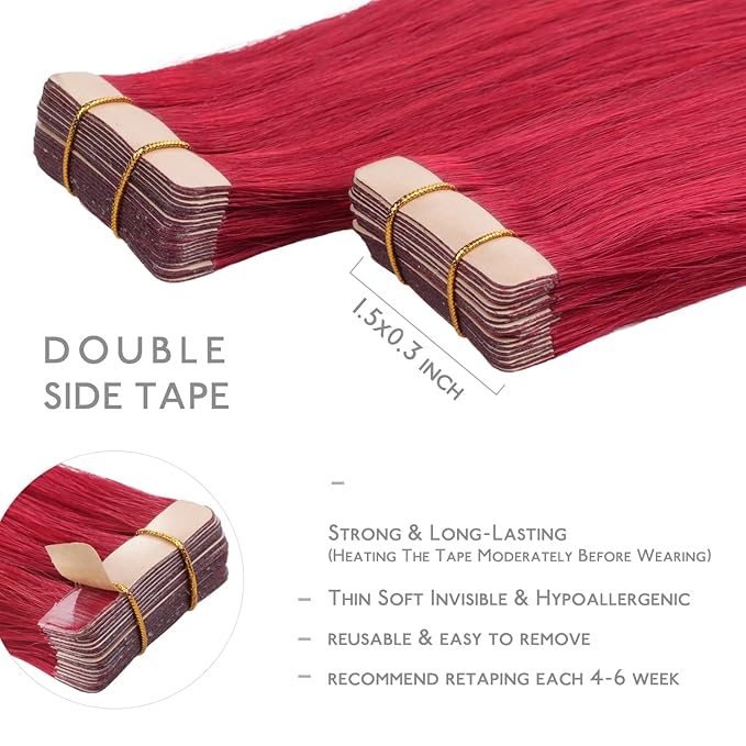 WENNALIFE Tape in Hair Extensions Human Hair, 20pcs 50g 24 inch Red Remy Hair Extensions for Women Tape Ins Straight Extensiones De Cabello Humano Skin Weft