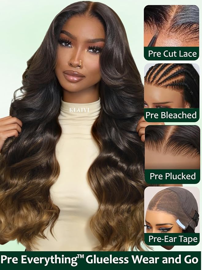 KLAIYI Ombre Brown Loose Body Wave 13x4Pre Everything Lace Frontal Chestnut Brown Drawstring Wig with Face Framing Layers Precut Lace Pre Plucked Bleached Bye Bye Knots Ready to Wear and Go Wig 16Inch
