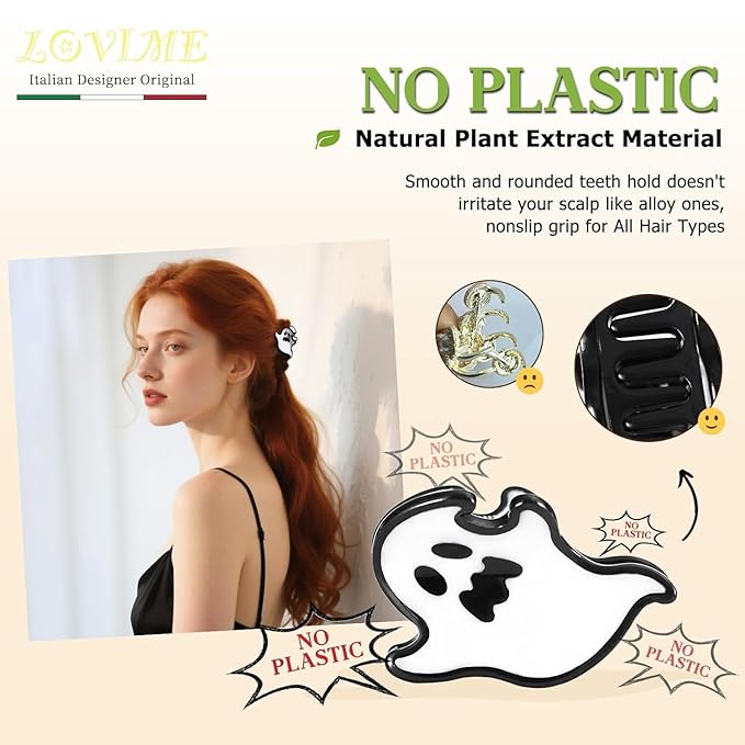 Original Italian Designed Mini Hair Claw Clips for Women- Ghost, Handmade Cute Vintage Hair Halloween Accessories, Plant-Based Acetate, Gift Boxed for Party/Daily