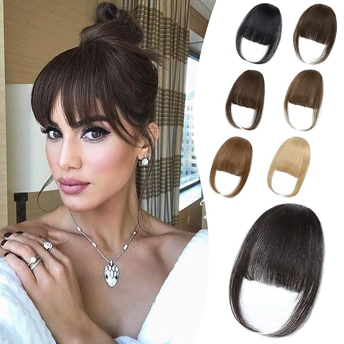 Wispy Bangs Hair Clip, 100% Human Hair Clip In Brown Black Bangs for Women, Soft Layered Fake Bangs with Feathered Fringe, Easy Clip-On Design for Daily Wear & Halloween