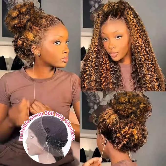 Hidden Strap Deep Wave 360 Lace Front Wigs Human Hair Pre Plucked Highlight Ombre full lace Deep Curly Honey Blonde 4/30 Human Hair Wig with invisible drawstring Ombre 360 Glueless Wigs Human Hair