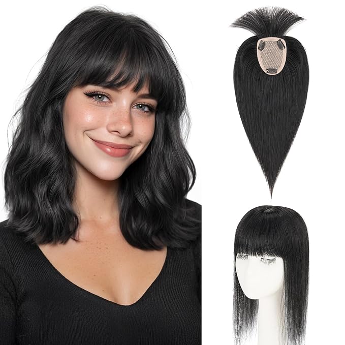 Hairro Human Hair Toppers with Wispy Bangs, 3.5x4.7" Hand-wovened Base for Women with Thinning Hair, Lightweight & Breathable Realistic Scalp, Clip-in Hairpieces for Easy Wear, 14 Inch Jet Black