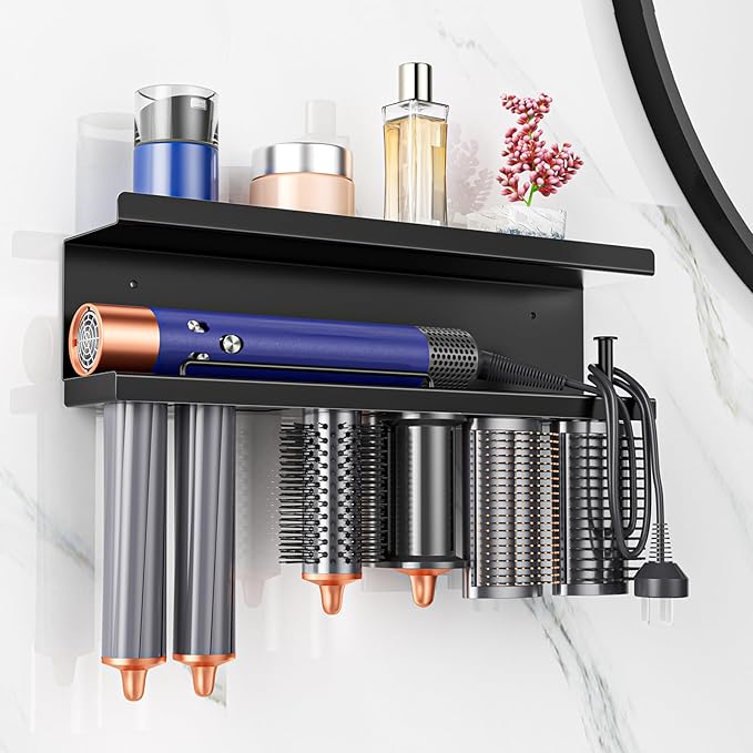 Hair Dryer Holder Wall Mounted Curling Iron Accessories Storage, Straightener Holder, Blow Dryer Holder Organizer, Adhesive Drilling Hair Tool Organizer for Bathroom (Black)