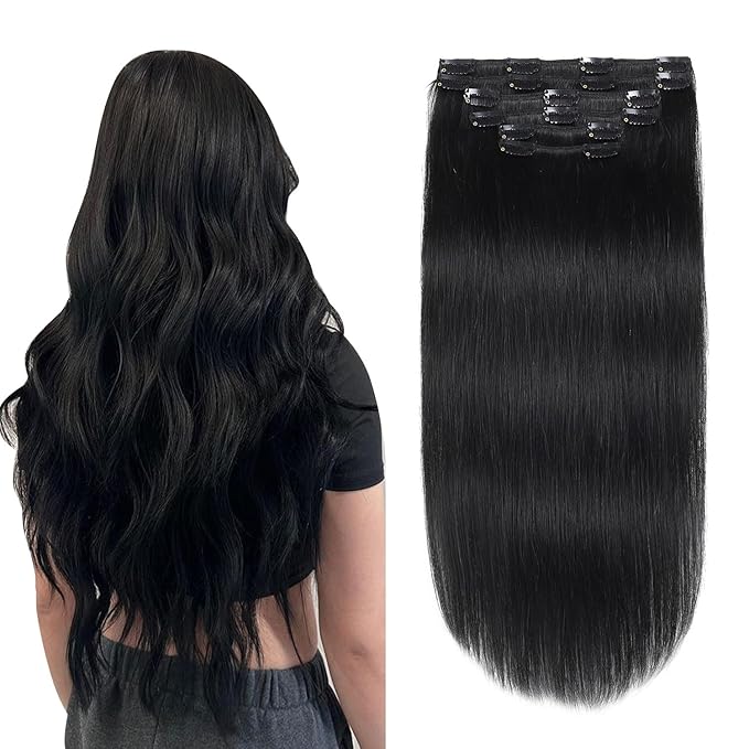 XDhair Black Clip in Hair Extensions Human Hair 100g 14Inch Black Clip in Hair Extensions 6Pcs Straight Real Hair for Women (#1,14Inch)