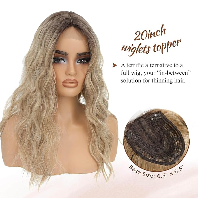 MORICHY Hair Topper for Women with Thinning Hair 20inch Long Wavy HairToppers with Bangs 6.5"x6.5" Large Base Synthetic Wiglets Ombre Dark Blonde