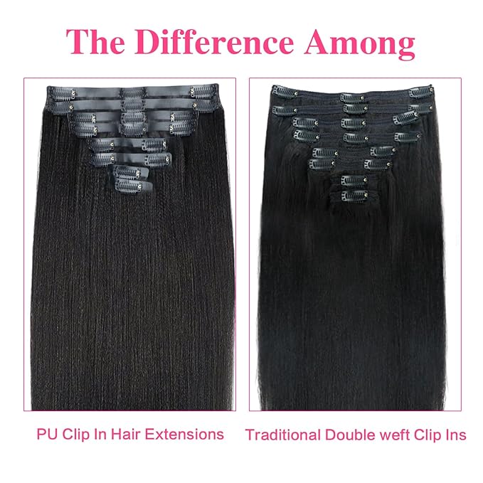 Seamless PU Yaki Straight Clip in Hair Extensions Real Human Hair For Women Invisible Yaki Straight Clip ins (18inch,#1B)