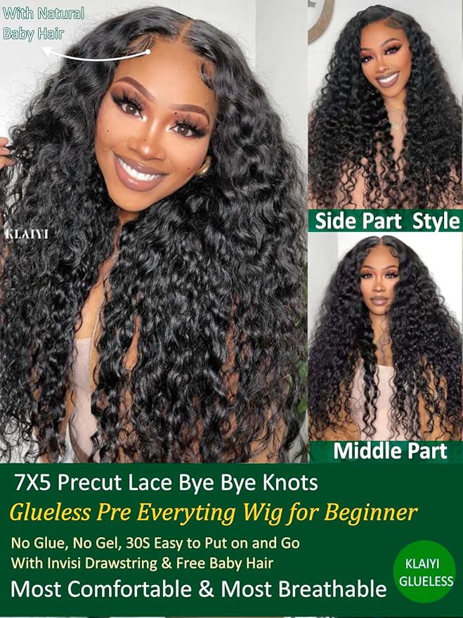KLAIYI Bye Bye Slip™ Water Wave 7X5 Precut Lace Front Human Hair Wig Drawstring Glueless 3S Ready to Wear and Go Wig with Baby Hair Pre Plucked Bleached Bye Bye Knots Curly Wig 180%Density Full 18Inch