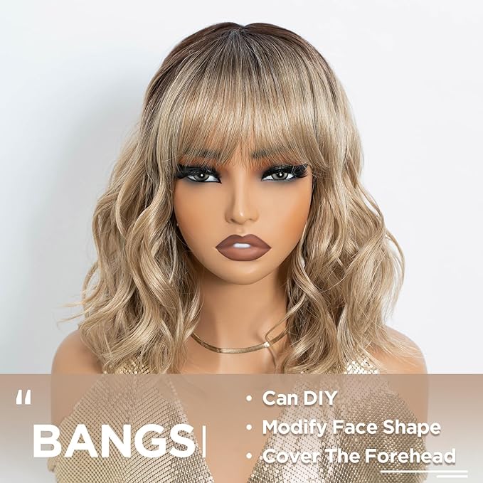 NOBLE Bob Wig with Bangs Short Wavy Wig for Women Ombre Mix Blonde Shoulder Length Wig Heat Resistant Synthetic Wigs for Daily Party Use 12 Inches
