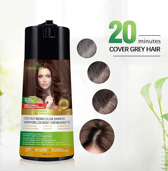 Herbishh Chestnut Brown 3 in 1 Hair Dye Shampoo 400 ML PPD Free + Hair Color Stain Protector – Dye Shield or Defender for Skin