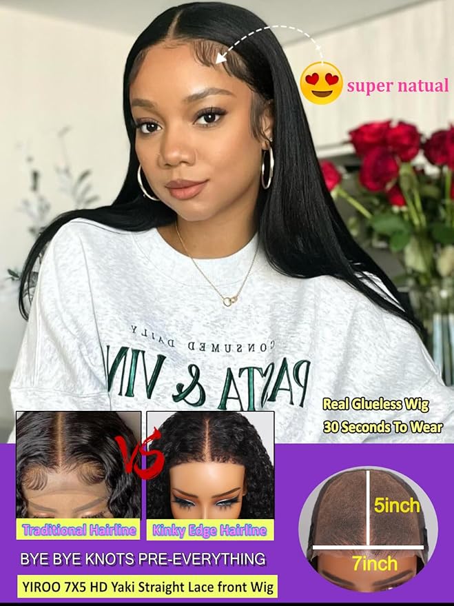 YIROO Bye Bye Knots Glueless Wig Yaki Straight Pre Cut 7x5 HD Lace Front Wig Human Hair Put On and Go Pre Everything Wig with Baby Hair Pre Bleached Invisible Knots 180% Density Easy to Wear 22inch