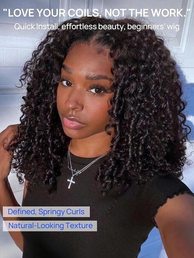 Julia Hair 7x5 Lace Water Curly Texture Wig With Finger Coil Ends Glueless Wigs Human Hair Put On and Go Invisible Lace Pre Plucked Pre Cut Bleached Knots Natural Hairline 22 Inch