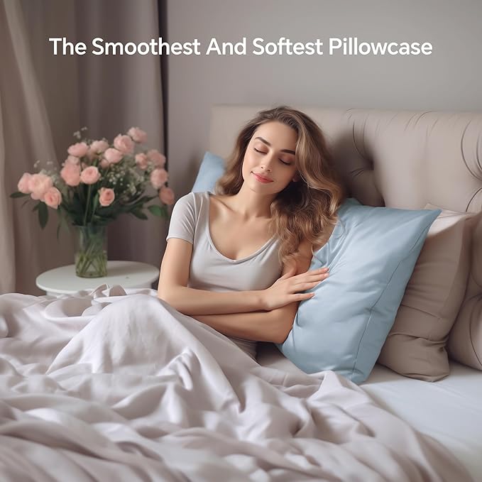 INFIIXSO Mulberry Silk Pillow Case for Hair and Skin, Silk Satin Pillowcase Standard Size with Hidden Zipper 20"x26", Extraordinary Smooth and Soft Cooling Pillow Cases for Hot Sleepers, Airy Blue