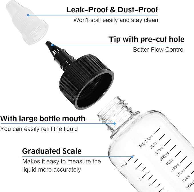 15 Pack Applicator Bottles for Hair, 8.5oz Hair Dye Plastic Squeeze Bottle with Twist-On Top Tip Cap and Clear Graduated Scale