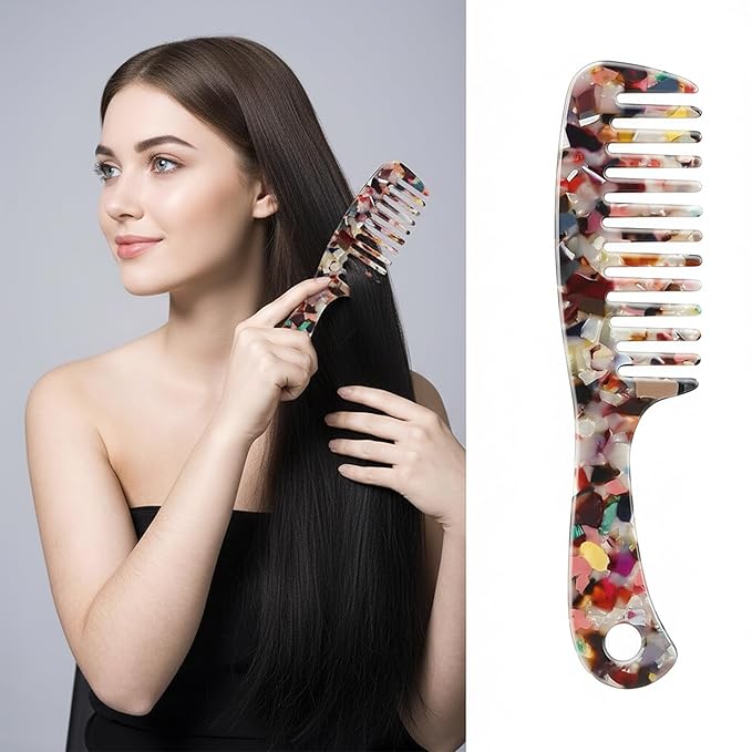 Large Wide Tooth Hair Comb,[Tortoise Shell] Cellulose Acetate Round Tooth Comb for Straight/Curly Hair,Short/Long Hair Women Men or Kids,Easy Detangling Wet or Dry,Anti-static (Multi-colored)