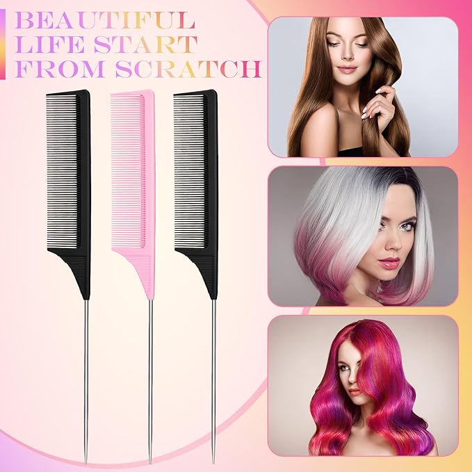 Leinuosen 3 Packs Rat Tail Comb Steel Pin Rat Tail Carbon Fiber Heat Resistant Teasing Combs with Stainless Steel Pintail (Pink, Black)