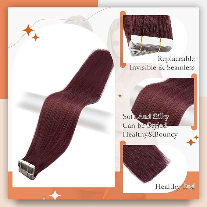 Full Shine Wine Red 99J Tape in Hair Extensions 14 Inch Hair Extensions Tape in Seamless Skin Weft Glue in Extensions Burgundy 50 Gram Hair Extension Human Hair 20 Pcs Straight Human Hair