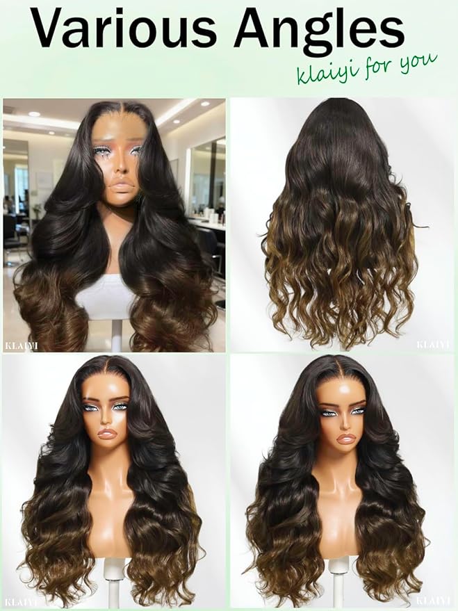 KLAIYI Ombre Brown Loose Body Wave 13x4Pre Everything Lace Frontal Chestnut Brown Drawstring Wig with Face Framing Layers Precut Lace Pre Plucked Bleached Bye Bye Knots Ready to Wear and Go Wig 16Inch