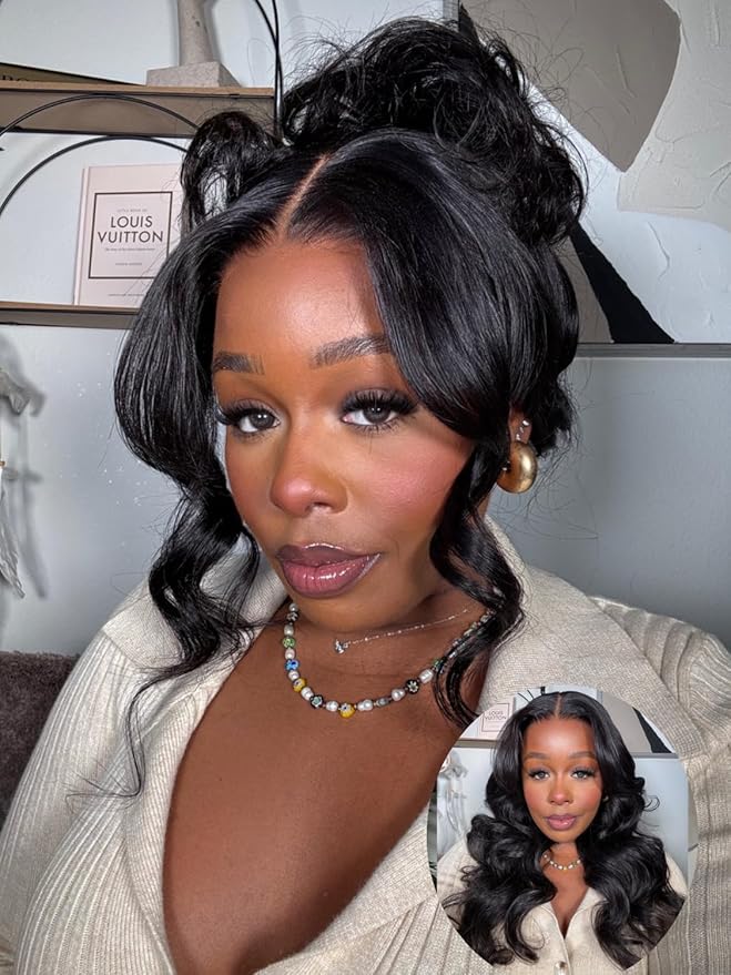 Julia Hair 13x4 Pre-Everything™ Loose Body Wave Human Hair Wig HD Lace Frontal Glueless Wig with Drawstring Face Framing Curtain Bangs Frontal 3D Body Wave Wig for Black Women Put On and Go 22 Inch