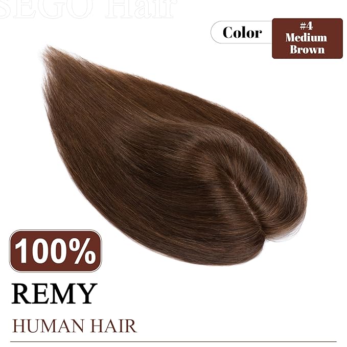 SEGO Real Human Hair Topper for Women, No Bangs Hair Topper with Anti-Slip Clips (8 Inch#4 Medium Brown)