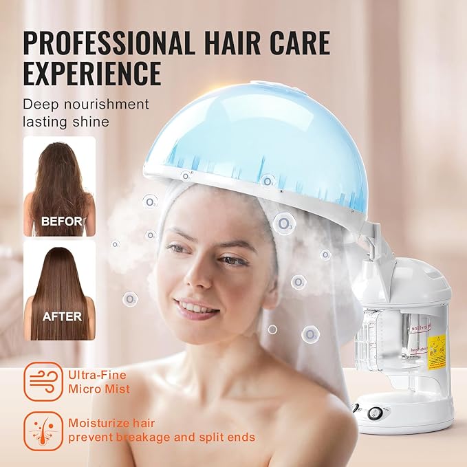 VEVOR Hair Steamer, 2 in 1 UV Ozone Hair & Facial Steamer with Detachable Bonnet Hood, Nano Ionic Face Steamer with 360° Rotatable Sprayer for Deep Conditioning, Perfect for Salon Spa Home Beauty
