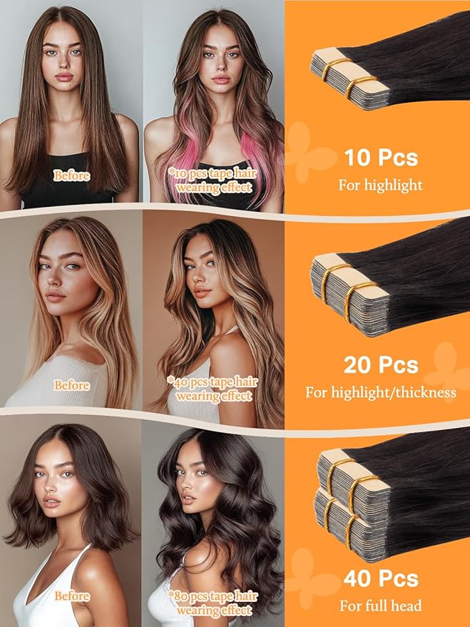 DOORES Tape-in Hair Extensions, 25g 10pcs 18 Inch Balayage Natural Black to Chestnut Brown, Straight Skin Weft Natural Hair Extensions