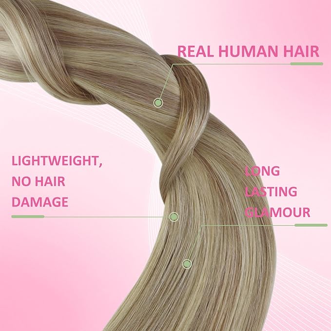YoungSee Invisible Tape in Hair Extensions Blonde Highlight Hair Extension Tape ins Golden Blonde Highlight Real Hair Tapes on Hair Extensions Human Hair SIlky Straight 18 Inch 20pcs 50g